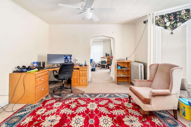 office area with ceiling fan and carpet floors