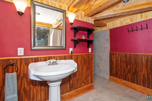 7596 Werner Rd, Virginia, MN 55720 - bathroom with beamed ceiling, tile patterned floors, and wooden ceiling
