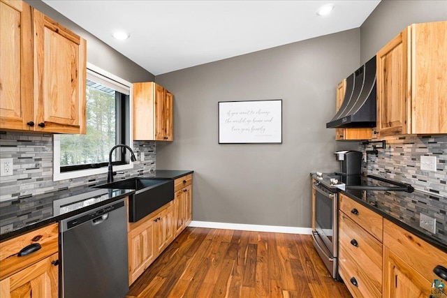 kitchen with wall chimney exhaust hood, backsplash, sink, and appliances with stainless steel finishes