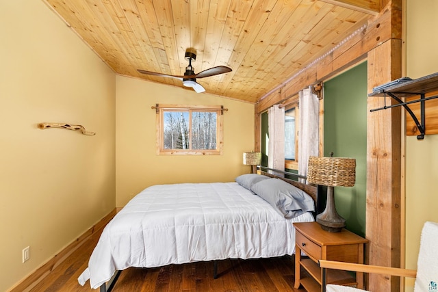 bedroom with hardwood / wood-style floors, vaulted ceiling, wooden ceiling, and ceiling fan