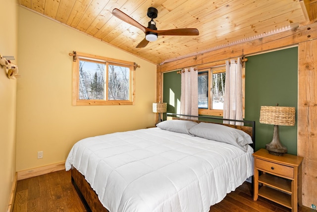 bedroom featuring vaulted ceiling, dark wood-type flooring, wooden ceiling, and ceiling fan