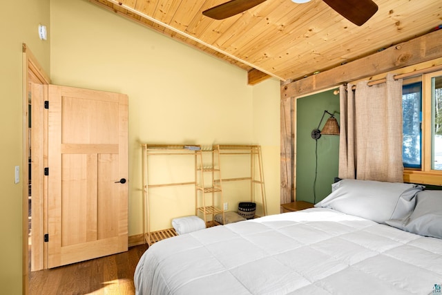 bedroom featuring vaulted ceiling, hardwood / wood-style floors, wood ceiling, and ceiling fan