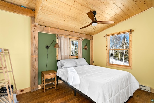 bedroom featuring wood ceiling, ceiling fan, dark hardwood / wood-style floors, and baseboard heating