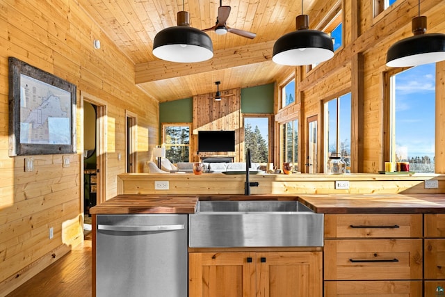 kitchen with wood ceiling, dishwasher, butcher block countertops, and wood walls