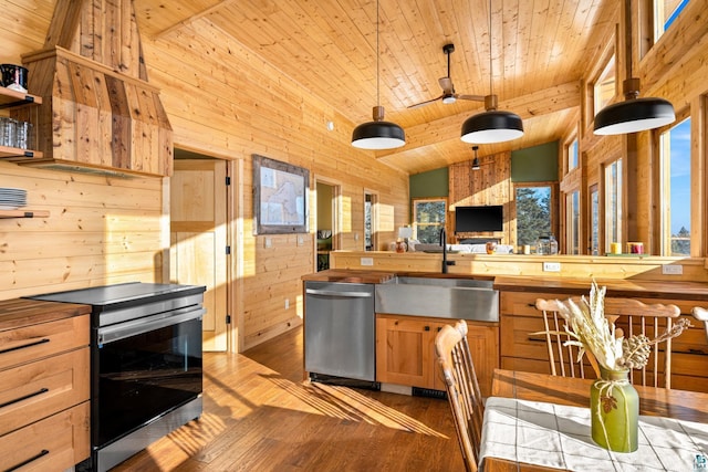 kitchen featuring butcher block countertops, wood walls, wood ceiling, hanging light fixtures, and appliances with stainless steel finishes