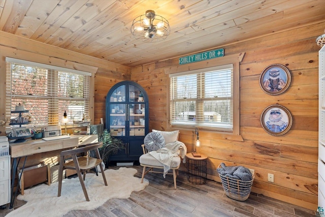 office space featuring hardwood / wood-style flooring, a healthy amount of sunlight, wood ceiling, and wood walls