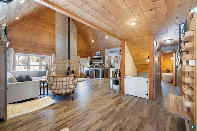 living room featuring hardwood / wood-style floors, wooden ceiling, high vaulted ceiling, and wood walls