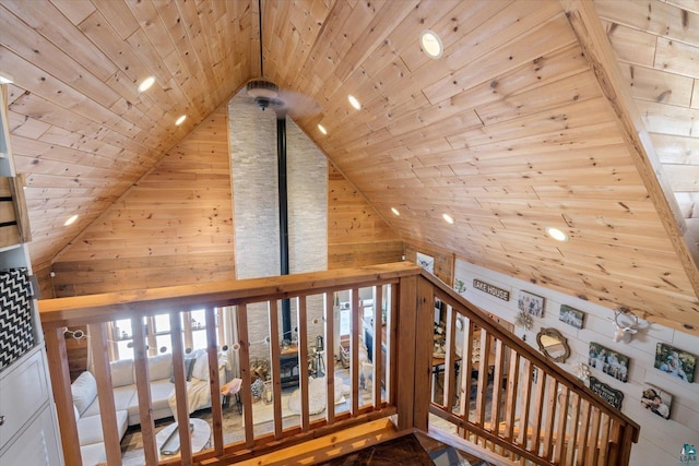 interior space with wood ceiling and wooden walls