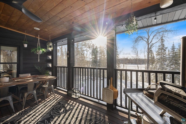 snow covered deck with ceiling fan