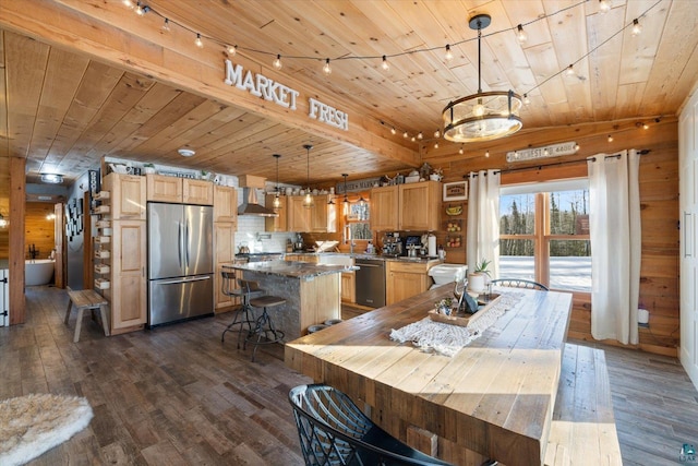 dining room with dark hardwood / wood-style floors, wooden ceiling, and wood walls