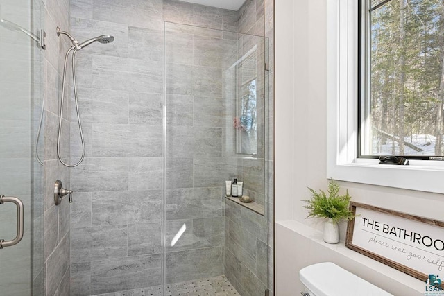 bathroom featuring walk in shower, toilet, and a wealth of natural light