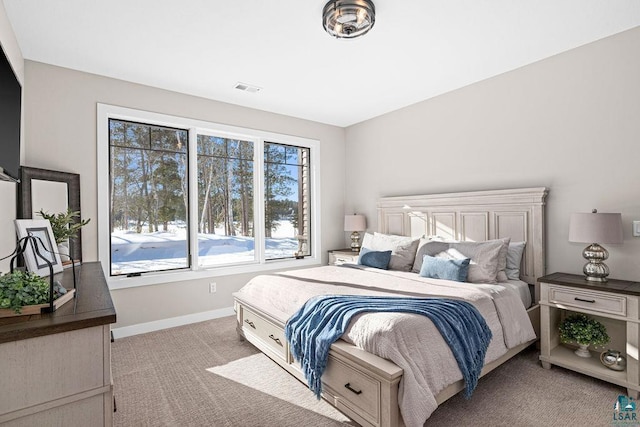 bedroom with light colored carpet