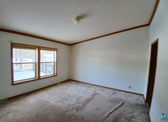 empty room with crown molding and carpet