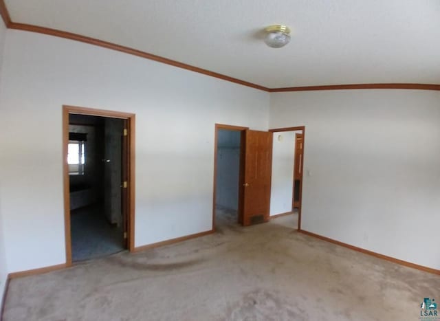 empty room with light colored carpet and ornamental molding