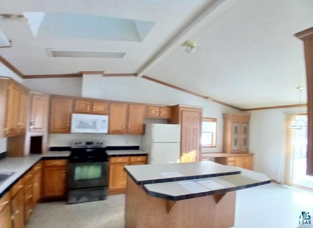 kitchen featuring a center island, lofted ceiling with beams, ornamental molding, a kitchen breakfast bar, and white appliances