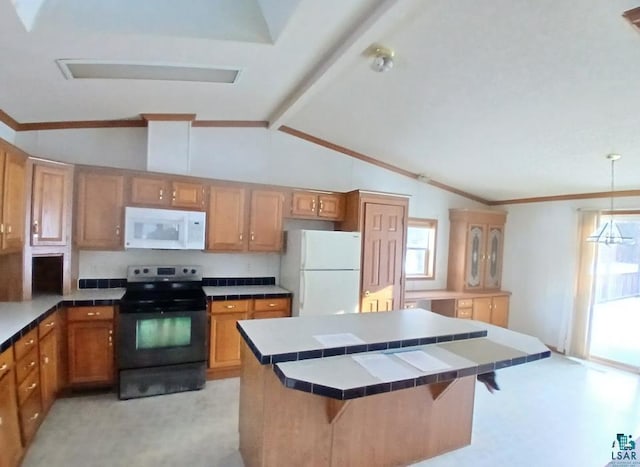 kitchen featuring a kitchen bar, vaulted ceiling with beams, tile countertops, pendant lighting, and white appliances