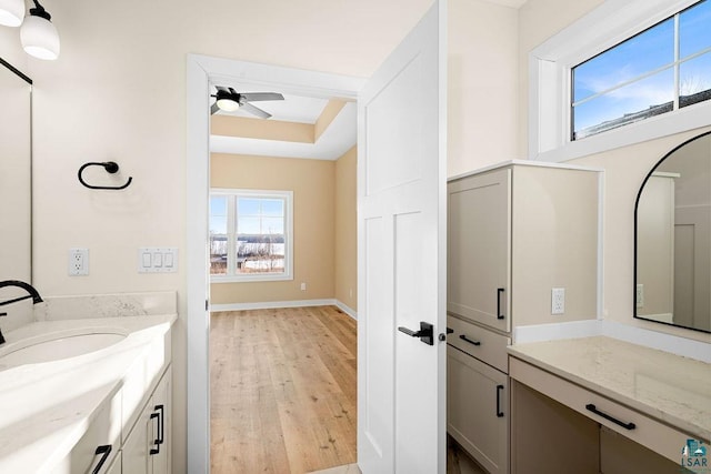 bathroom featuring vanity, hardwood / wood-style floors, ceiling fan, and a tray ceiling