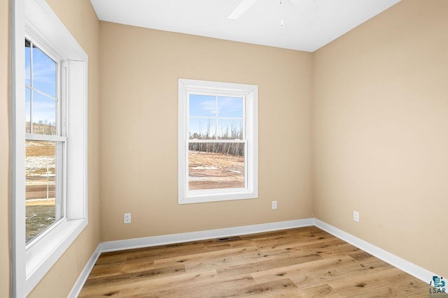 spare room featuring a wealth of natural light, ceiling fan, and light hardwood / wood-style flooring