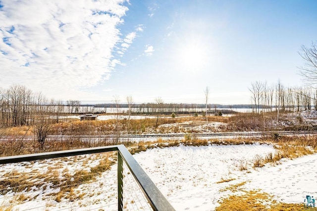 yard layered in snow with a rural view