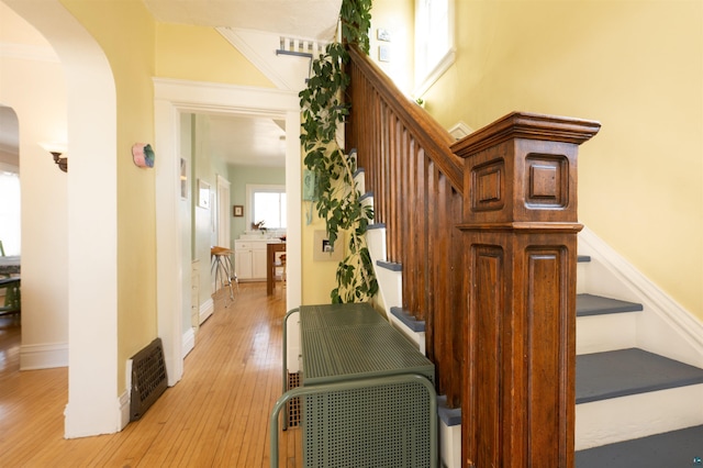 staircase with wood-type flooring