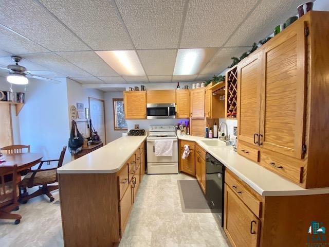 kitchen with white electric range, sink, a paneled ceiling, dishwasher, and ceiling fan