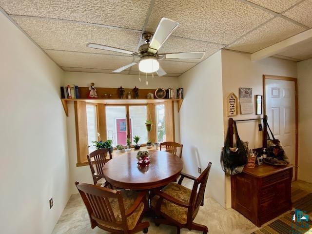 dining area with ceiling fan and a drop ceiling