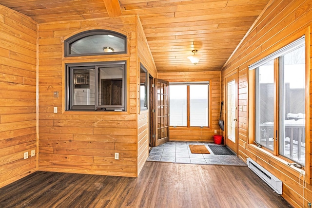 interior space featuring dark wood-type flooring, a baseboard radiator, wooden ceiling, and wood walls