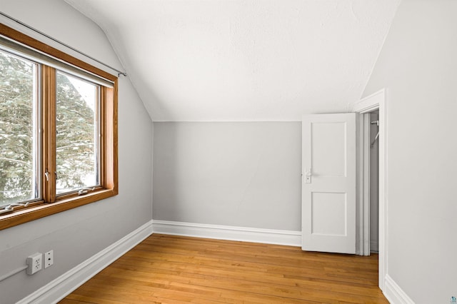 additional living space featuring lofted ceiling, a wealth of natural light, a textured ceiling, and light hardwood / wood-style floors