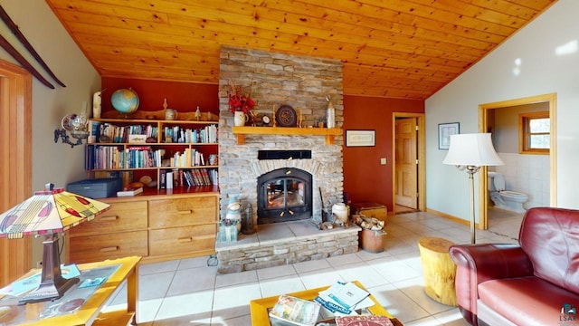 tiled living room with lofted ceiling, a fireplace, and wood ceiling