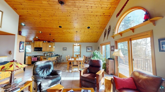 tiled living room featuring wooden ceiling and high vaulted ceiling