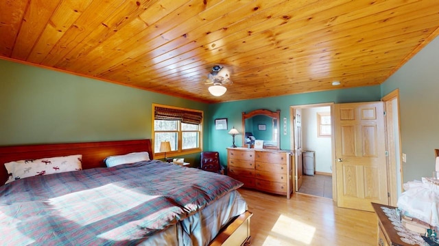 bedroom with wood ceiling and light hardwood / wood-style floors