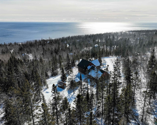 snowy aerial view featuring a water view