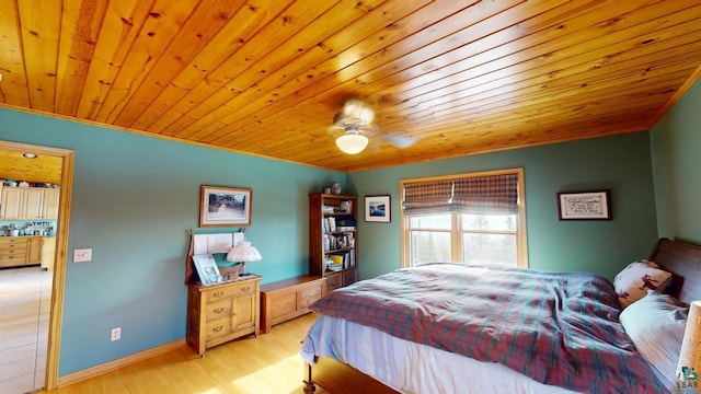 bedroom featuring ceiling fan, wooden ceiling, and light wood-type flooring