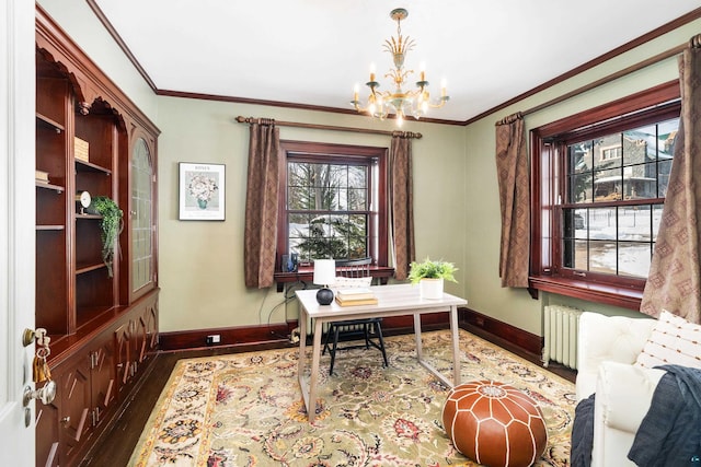 office space featuring ornamental molding, dark wood-type flooring, radiator heating unit, and a notable chandelier