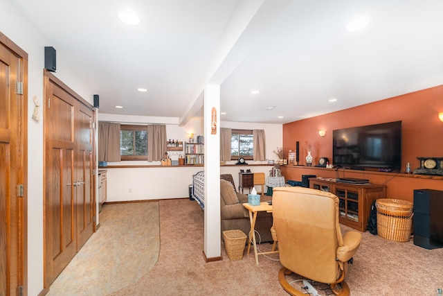 living room with light colored carpet