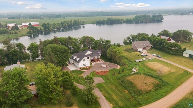 drone / aerial view featuring a water view