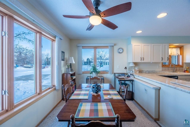 dining room featuring sink, light colored carpet, and ceiling fan