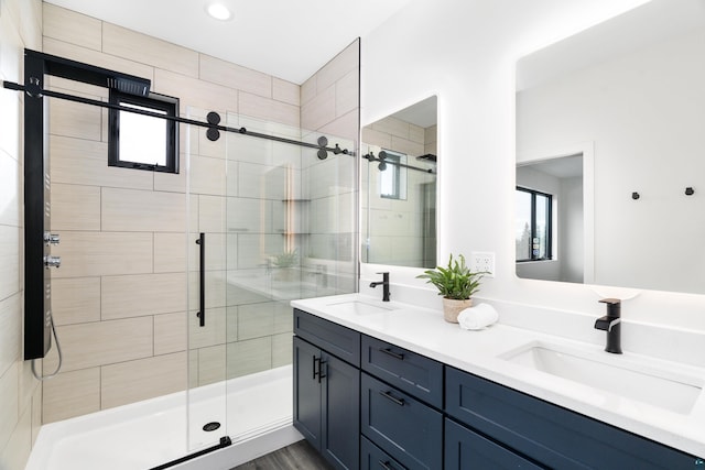 bathroom featuring vanity, an enclosed shower, and a wealth of natural light