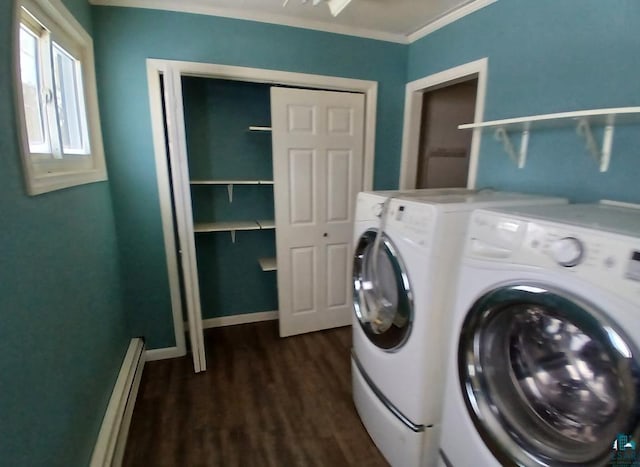 laundry area featuring independent washer and dryer, a baseboard radiator, ornamental molding, and dark hardwood / wood-style floors