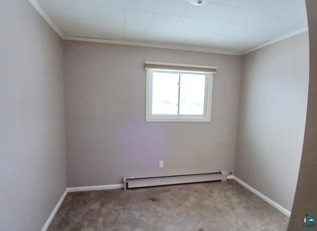 empty room with ornamental molding, light carpet, and a baseboard heating unit