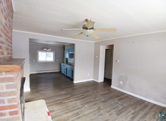 unfurnished living room featuring dark wood-type flooring, ornamental molding, ceiling fan, and baseboard heating