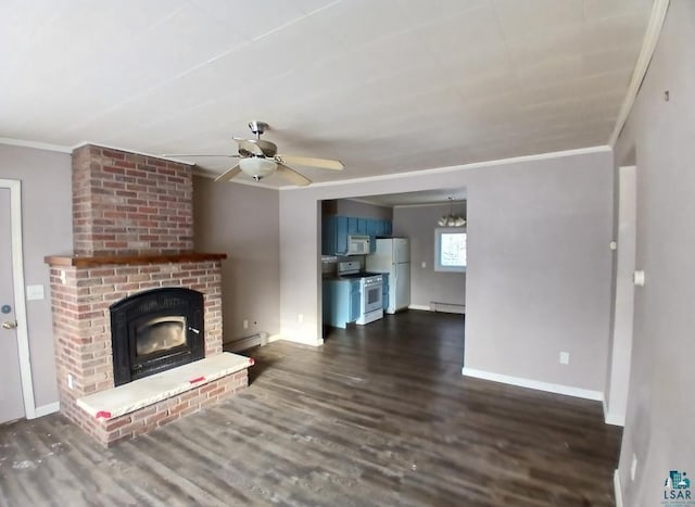 unfurnished living room with dark wood-type flooring, ceiling fan, baseboard heating, a fireplace, and ornamental molding