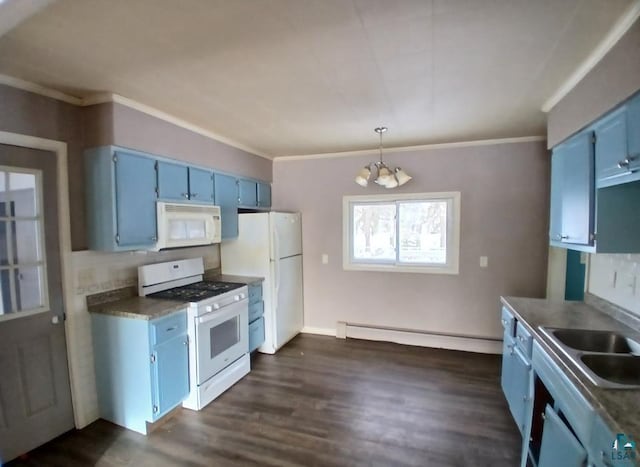 kitchen with crown molding, a baseboard heating unit, white appliances, and blue cabinetry