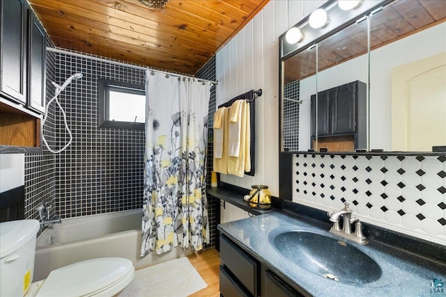 full bathroom with shower / tub combo with curtain, vanity, toilet, and wooden ceiling