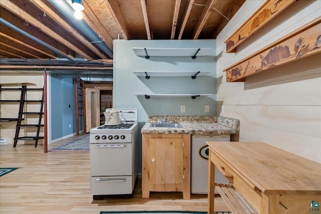 kitchen featuring sink, white appliances, and light wood-type flooring