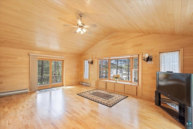 living room featuring wooden walls, lofted ceiling, wood ceiling, baseboard heating, and light hardwood / wood-style flooring