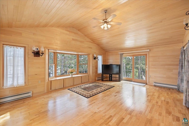 unfurnished living room with a baseboard heating unit, wooden walls, vaulted ceiling, wooden ceiling, and light wood-type flooring