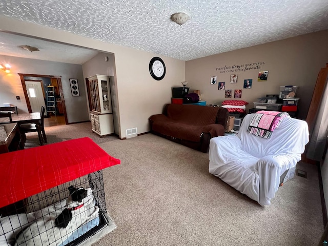 carpeted living room with a textured ceiling