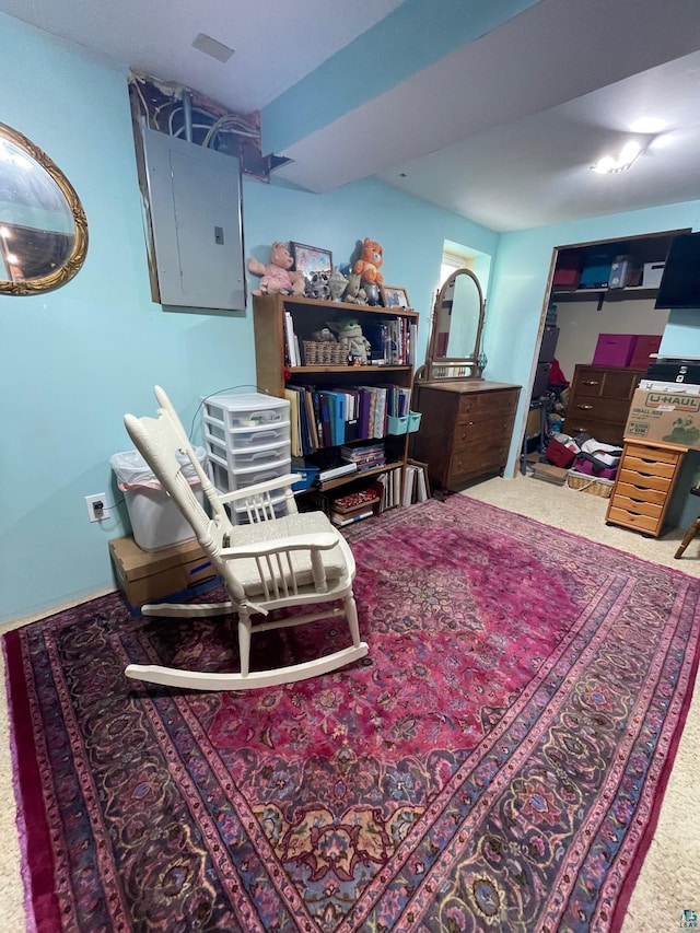 sitting room featuring carpet floors and electric panel