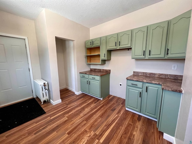 kitchen featuring radiator heating unit, a textured ceiling, dark hardwood / wood-style floors, and green cabinets